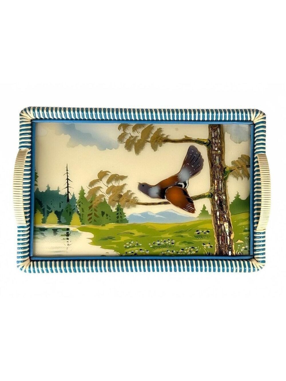 Vintage West Germany Tray Pheasant Lake Landscape MOP Inlay Reverse Painting